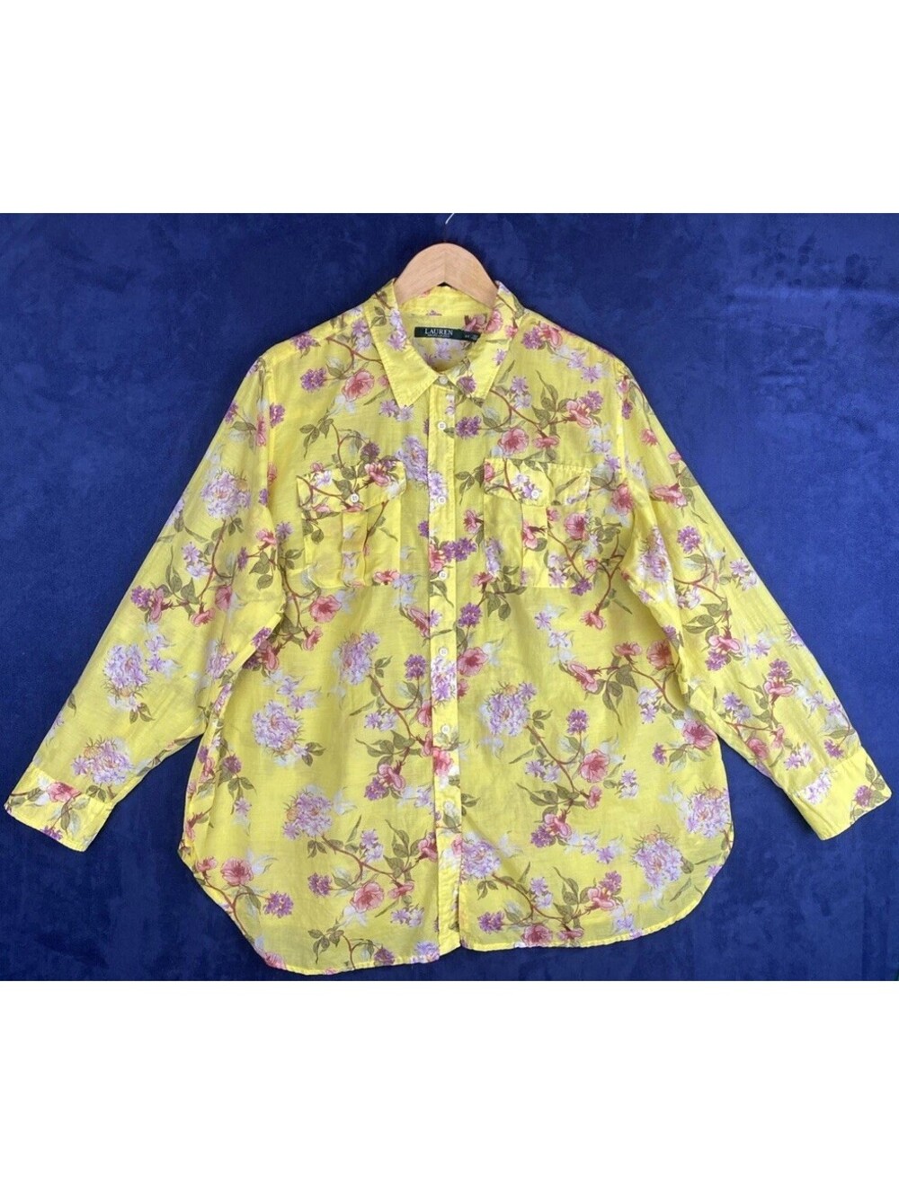 Lauren Ralph Lauren Top Womens Yellow Floral Button Up Long Sleeve Sz 2XL